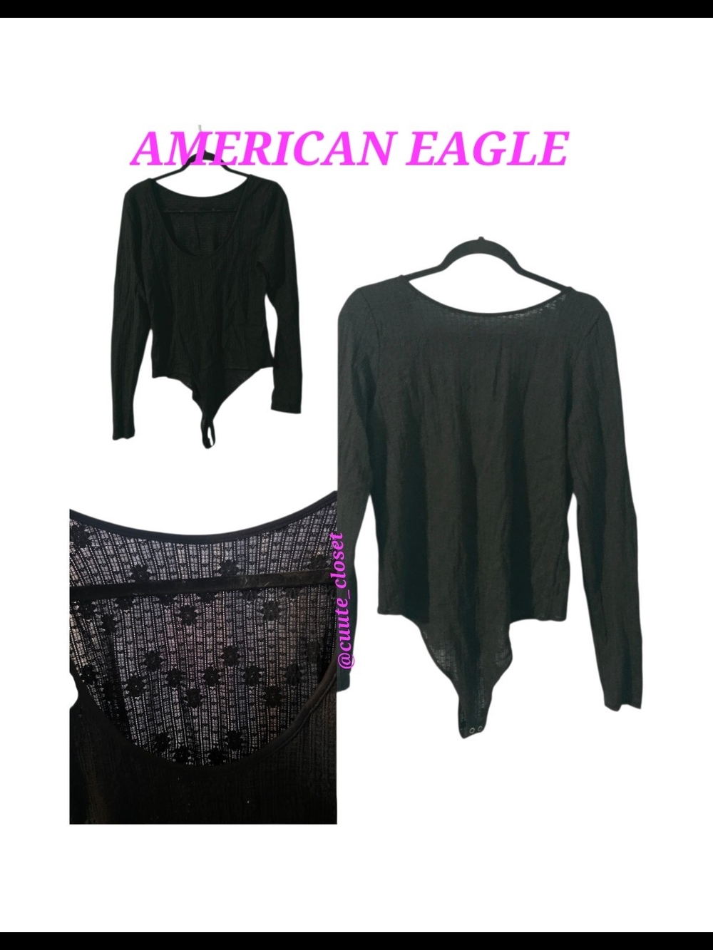 American Eagle Outfitters Black Long-Sleeve See Through Floral Bodysuit Top